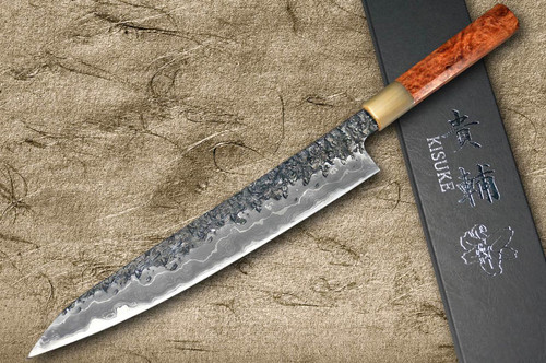 Kisuke Manaka ENN Blue#1 Kurouchi Hammered KRBFW Japanese Chef's Slicer(Sujihiki) 240mm with White Buffalo Ferrule Karin Lump Handle 
