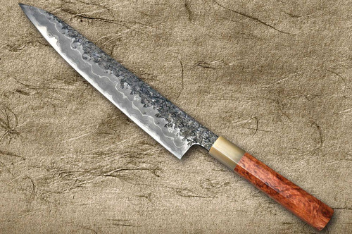 Kisuke Manaka ENN Blue#1 Kurouchi Hammered KRBFW Japanese Chef's Slicer(Sujihiki) 240mm with White Buffalo Ferrule Karin Lump Handle 