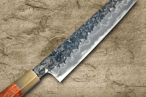 Kisuke Manaka ENN Blue#1 Kurouchi Hammered KRBFW Japanese Chef's Slicer(Sujihiki) 240mm with White Buffalo Ferrule Karin Lump Handle 