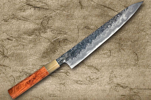 Kisuke Manaka ENN Blue#1 Kurouchi Hammered KRBFW Japanese Chef's Slicer(Sujihiki) 300mm with White Buffalo Ferrule Karin Lump Handle 