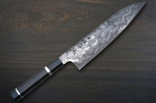 Kisuke Manaka KOKUENN Blue#1 Black Finished EBBFB2 Japanese Chef's Gyuto Knife 210mm with Double Buffalo Ringed Ebony Handle 
