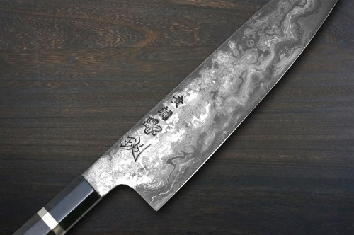 Kisuke Manaka KOKUENN Blue#1 Black Finished EBBFB2 Japanese Chef's Gyuto Knife 210mm with Double Buffalo Ringed Ebony Handle 