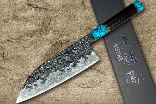 Kisuke Manaka ENN Blue#1 Kurouchi Hammered EBTCA2 Japanese Chef's Santoku Knife 165mm with Double Blue Turquoise & Ebony Handle