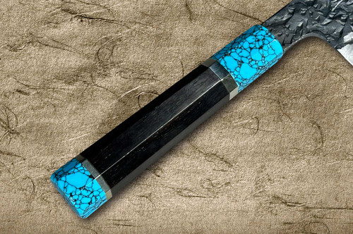 Kisuke Manaka ENN Blue#1 Kurouchi Hammered EBTCA2 Japanese Chef's Santoku Knife 165mm with Double Blue Turquoise & Ebony Handle