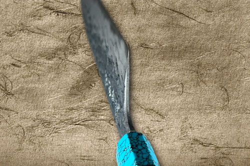 Kisuke Manaka ENN Blue#1 Kurouchi Hammered EBTCA2 Japanese Chef's Santoku Knife 165mm with Double Blue Turquoise & Ebony Handle