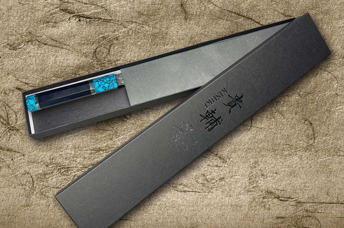Kisuke Manaka ENN Blue#1 Kurouchi Hammered EBTCA2 Japanese Chef's Bunka Knife 165mm with Double Blue Turquoise & Ebony Handle 