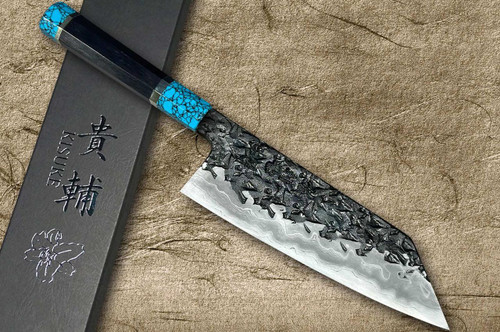 Kisuke Manaka ENN Blue#1 Kurouchi Hammered EBTCA2 Japanese Chef's Bunka Knife 165mm with Double Blue Turquoise & Ebony Handle 