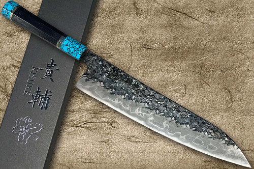 Kisuke Manaka ENN Blue#1 Kurouchi Hammered EBTCA2 Japanese Chef's Gyuto Knife 270mm with Double Blue Turquoise & Ebony Handle