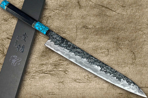 Kisuke Manaka ENN Blue#1 Kurouchi Hammered EBTCA2 Japanese Chef's Slicer(Sujihiki) 270mm with Double Blue Turquoise & Ebony Handle