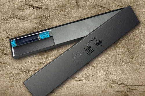 Kisuke Manaka ENN Blue#1 Kurouchi Hammered EBTCA2 Japanese Chef's Slicer(Sujihiki) 300mm with Double Blue Turquoise & Ebony Handle