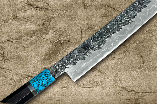 Kisuke Manaka ENN Blue#1 Kurouchi Hammered EBTCA2 Japanese Chef's Sakimaru-Slicer(Sujihiki) 450mm with Double Blue Turquoise & Ebony Handle