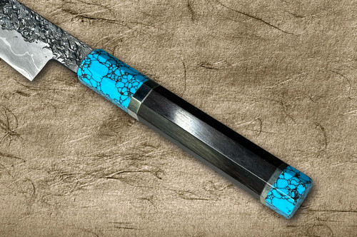 Kisuke Manaka ENN Blue#1 Kurouchi Hammered EBTCA2 Japanese Chef's Sakimaru-Slicer(Sujihiki) 450mm with Double Blue Turquoise & Ebony Handle