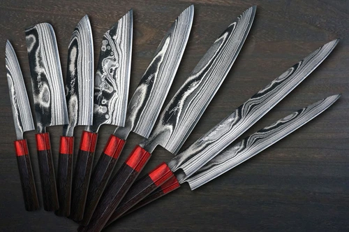Keiichi Fujii AUS10 Nickel Damascus RS8R Japanese Chef's Knife SET with Red-Ring Rosewood Handle (Slicer270-Slicer240-Gyuto240-Gyuto210-Bunka-Nakiri-Santoku-Petty)