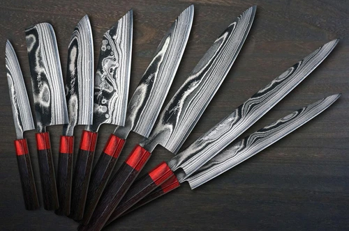 Keiichi Fujii AUS10 Nickel Damascus RS8R Japanese Chef's Knife SET with Red-Ring Rosewood Handle (Slicer270-Slicer240-Gyuto240-Gyuto210-Bunka-Nakiri-Santoku-Petty) 