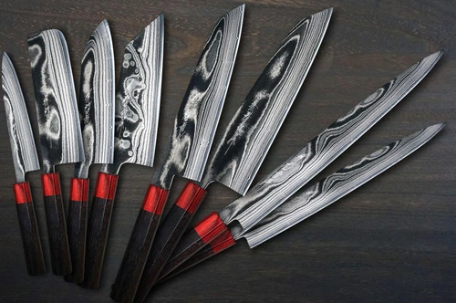Keiichi Fujii AUS10 Nickel Damascus RS8R Japanese Chef's Knife SET with Red-Ring Rosewood Handle (Slicer270-Slicer240-KiritsukeGyuto240-KiritsukeGyuto210-Bunka-Nakiri-Santoku-Petty) 