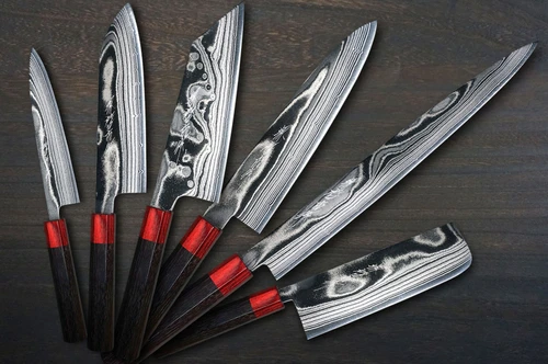 Keiichi Fujii AUS10 Nickel Damascus RS8R Japanese Chef's Knife SET with Red-Ring Rosewood Handle (Slicer270-Gyuto210-Bunka-Nakiri-Santoku-Petty)