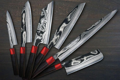 Keiichi Fujii AUS10 Nickel Damascus RS8R Japanese Chef's Knife SET with Red-Ring Rosewood Handle (Slicer270-KiritsukeGyuto210-Bunka-Nakiri-Santoku-Petty) 