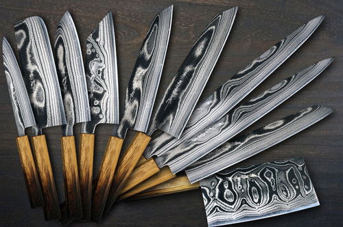 Keiichi Fujii AUS10 Nickel Damascus OK8B Japanese Chef's Knife SET 270mm with Urushi Lacquered Oak Handle (KiritsukeSlicer-Slicer270-Slicer240-KiritsukeGyuto240-KiritsukeGyuto210-Bunka-Nakiri-Santoku-Petty+Chinese)