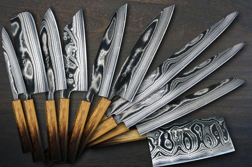 Keiichi Fujii AUS10 Nickel Damascus OK8B Japanese Chef's Knife SET with Urushi Lacquered Oak Handle (KiritsukeSlicer-Slicer270-Slicer240-KiritsukeGyuto240-KiritsukeGyuto210-Bunka-Nakiri-Santoku-Petty+Chinese) 