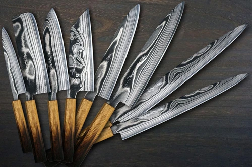 Keiichi Fujii AUS10 Nickel Damascus OK8B Japanese Chef's Knife SET with Urushi Lacquered Oak Handle (Slicer270-Slicer240-Gyuto240-Gyuto210-Bunka-Nakiri-Santoku-Petty) 
