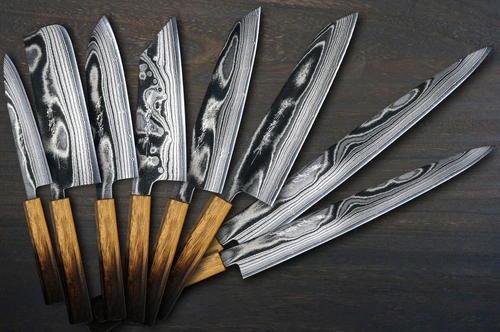 Keiichi Fujii AUS10 Nickel Damascus OK8B Japanese Chef's Knife SET with Urushi Lacquered Oak Handle (Slicer270-Slicer240-KiritsukeGyuto240-KiritsukeGyuto210-Bunka-Nakiri-Santoku-Petty)