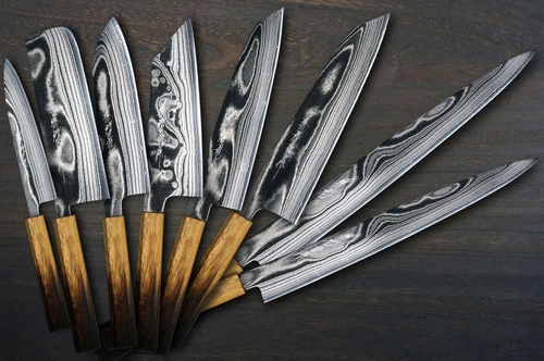 Keiichi Fujii AUS10 Nickel Damascus OK8B Japanese Chef's Knife SET with Urushi Lacquered Oak Handle (Slicer270-Slicer240-KiritsukeGyuto240-KiritsukeGyuto210-Bunka-Nakiri-Santoku-Petty) 