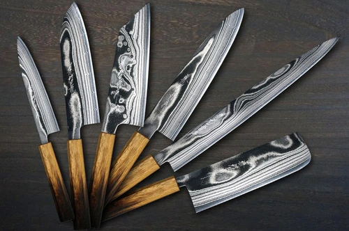 Keiichi Fujii AUS10 Nickel Damascus OK8B Japanese Chef's Knife SET with Urushi Lacquered Oak Handle (Slicer270-Gyuto210-Bunka-Nakiri-Santoku-Petty) 