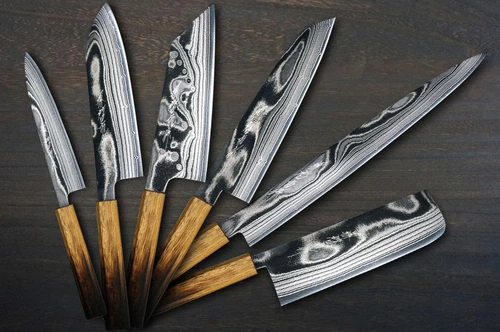 Keiichi Fujii AUS10 Nickel Damascus OK8B Japanese Chef's Knife SET with Urushi Lacquered Oak Handle (Slicer270-KiritsukeGyuto210-Bunka-Nakiri-Santoku-Petty) 