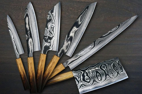 Keiichi Fujii AUS10 Nickel Damascus OK8B Japanese Chef's Knife SET with Urushi Lacquered Oak Handle (Slicer270-Gyuto210-Bunka-Santoku-Petty-Chinese) 