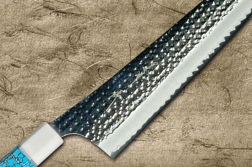 Yu Kurosaki R2(SG2) Hammered SENKO-EI WA TCA-TCW2 Japanese Chef's Gyuto Knife 270mm with Double White Turquoise Rings & Blue Turquoise Handle