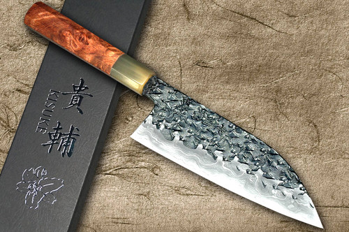 Kisuke Manaka ENN Blue#1 Kurouchi Hammered KRBFW Japanese Chef's Santoku Knife 165mm with White Buffalo Ferrule Karin Lump Handle