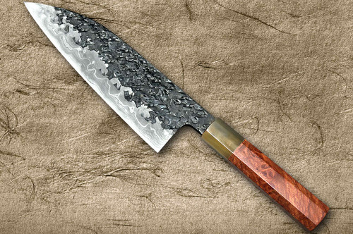 Kisuke Manaka ENN Blue#1 Kurouchi Hammered KRBFW Japanese Chef's Santoku Knife 165mm with White Buffalo Ferrule Karin Lump Handle