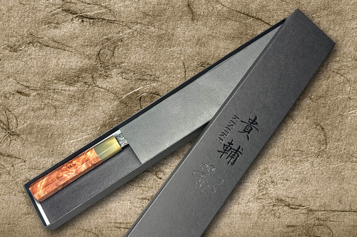 Kisuke Manaka ENN Blue#1 Kurouchi Hammered KRBFW Japanese Chef's Santoku Knife 165mm with White Buffalo Ferrule Karin Lump Handle