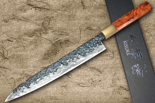 Kisuke Manaka ENN Blue#1 Kurouchi Hammered KRBFW Japanese Chef's Slicer(Sujihiki) 360mm with White Buffalo Ferrule Karin Lump Handle