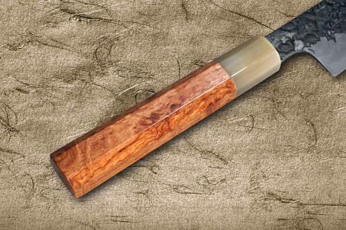 Kisuke Manaka ENN Blue#1 Kurouchi Hammered KRBFW Japanese Chef's Slicer(Sujihiki) 360mm with White Buffalo Ferrule Karin Lump Handle