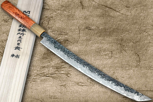 Kisuke Manaka ENN Blue#1 Kurouchi Hammered KRBFW Japanese Chef's Sakimaru-Slicer(Sujihiki) 450mm with White Buffalo Ferrule Karin Lump Handle