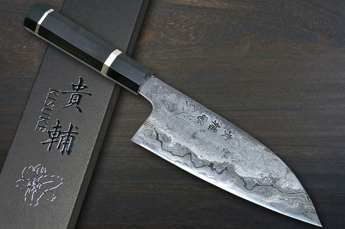 Kisuke Manaka KOKUENN Blue#1 Black Finished EBBFB2 Japanese Chef's Santoku Knife 165mm with Double Buffalo Ringed Ebony Handle