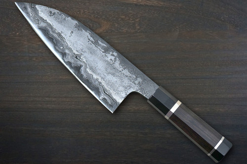 Kisuke Manaka KOKUENN Blue#1 Black Finished EBBFB2 Japanese Chef's Santoku Knife 165mm with Double Buffalo Ringed Ebony Handle