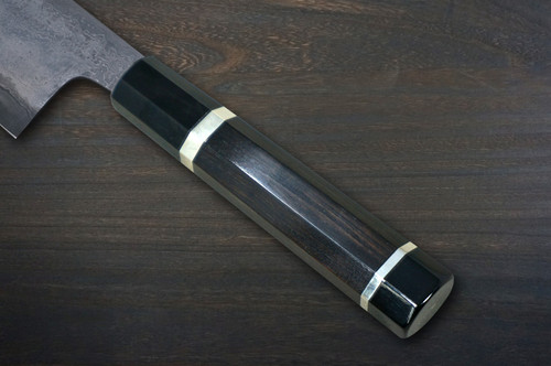 Kisuke Manaka KOKUENN Blue#1 Black Finished EBBFB2 Japanese Chef's Santoku Knife 165mm with Double Buffalo Ringed Ebony Handle