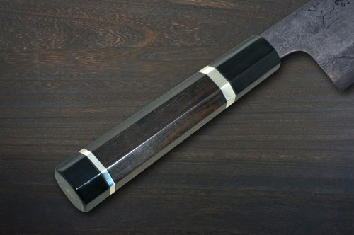 Kisuke Manaka KOKUENN Blue#1 Black Finished EBBFB2 Japanese Chef's Santoku Knife 165mm with Double Buffalo Ringed Ebony Handle
