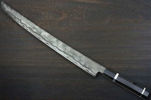 Kisuke Manaka KOKUENN Blue#1 Black Finished EBBFB2 Japanese Chef's Sakimaru-Slicer(Sujihiki) 450mm with Double Buffalo Ringed Ebony Handle