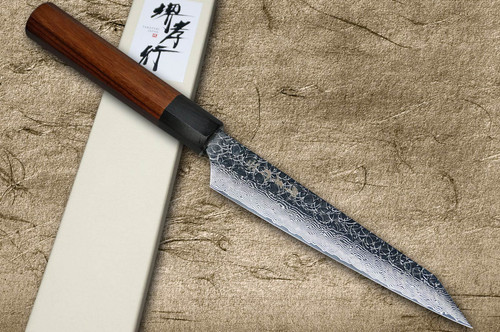 Sakai Takayuki SPG2 Damascus Hammered WA Japanese Chef's Kengata-Petty Knife(Utility) 150mm with Black-Ring Octagonal Rosewood Handle