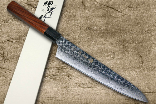 Sakai Takayuki SPG2 Damascus Hammered WA Japanese Chef's Gyuto Knife 210mm with Black-Ring Octagonal Rosewood Handle