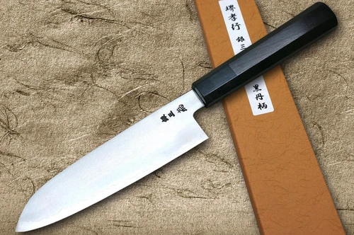 Sakai Takayuki Ginsan Warikomi Ebony Handle Japanese Chef's Santoku Knife 180mm 