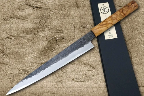 Couteau japonais de chef Sakai Takayuki SANPOU modèle MIZU Kurouchi White #2 (Sujihiki) 240mm avec manche en olivier