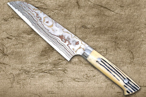 Takeshi Saji Aogami Colored Damascus DHW-NNM Japanese Chef's Santoku Knife 180mm with White Antler Handle Nomura Special 