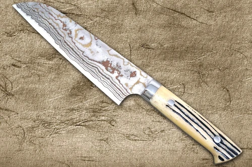 Takeshi Saji Aogami Colored Damascus DHW-NNM Japanese Chef's Santoku Knife 165mm with White Antler Handle Nomura Special 