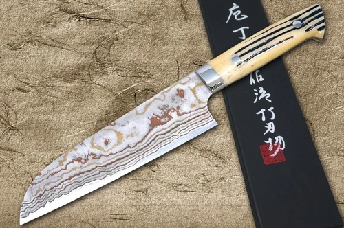 Takeshi Saji Aogami Colored Damascus DHW-NNM Japanese Chef's Santoku Knife 165mm with White Antler Handle Nomura Special 
