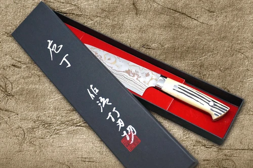 Takeshi Saji Aogami Colored Damascus DHW-NNM Japanese Chef's Santoku Knife 165mm with White Antler Handle Nomura Special 