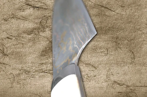 Takeshi Saji Aogami Colored Damascus DHW-NNM Japanese Chef's Santoku Knife 165mm with White Antler Handle Nomura Special 